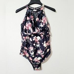 Womans One Piece Floral High Neck Swimsuit Tummy Hiding Size 1X Excellent